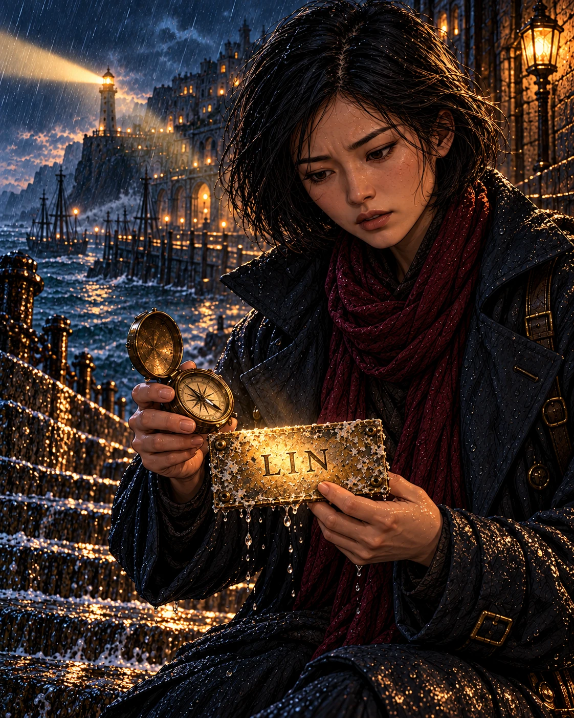 The lighthouse beam reveals Lin’s name beneath the salt.